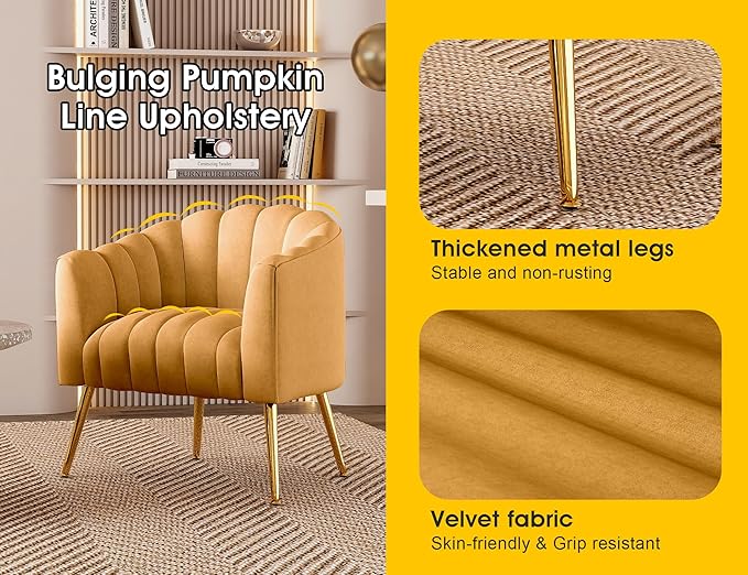 Oversized Pumpkin Couch Accent Chair Modern Comfy Velvet Upholstered Barrel Chairs Luxury Single Sofa Armchair for Living Room Waiting Room Office and Vanity (Mustard)