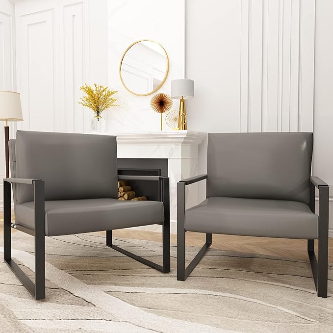 Recaceik Leather Accent Chairs Set of 2 Modern Armchair with Extra-Large Ergonomic Cushion Sturdy Metal Frame Anti-Scratch Foot Mats Single Sofa Chair for Living Room