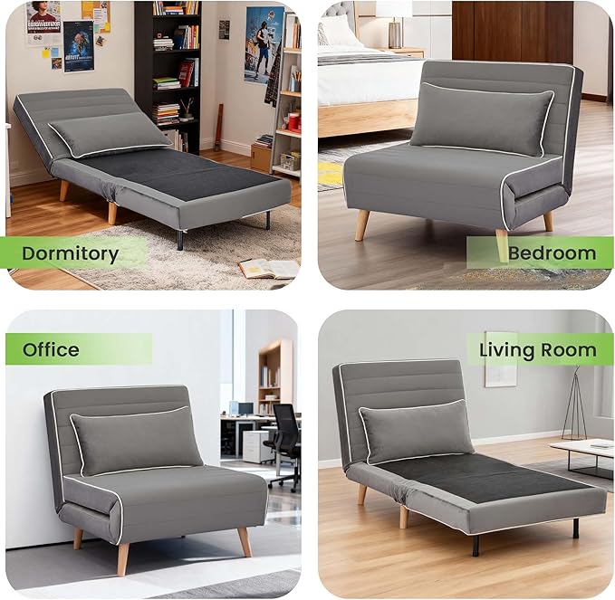 3-in-1 Convertible Sofa Bed Futon Sofa Bed with Pillow &amp Adjustable Backrest Recliner Sleeper Sofa for Small Spaces Living Room Bedroom or Office Grey 3 Set
