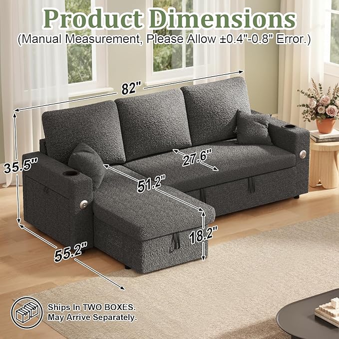 82 Inch L-Shape Sectional Couch 4-in-1 Multifunctional Pull-Out Couch Sleeper Sofa with Storage Chaise Charging Station Cup Holder for Living Room/Office/Apartment (Dark Gray)