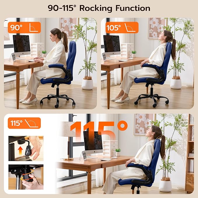 Office Desk Chair Ergonomic Computer Chair with Padded Flip-Up Arms and Adjustable Lumbar Support PU Leather Executive Chair with Tilt Lock and 360° Swivel Rolling Wheels for Work Study