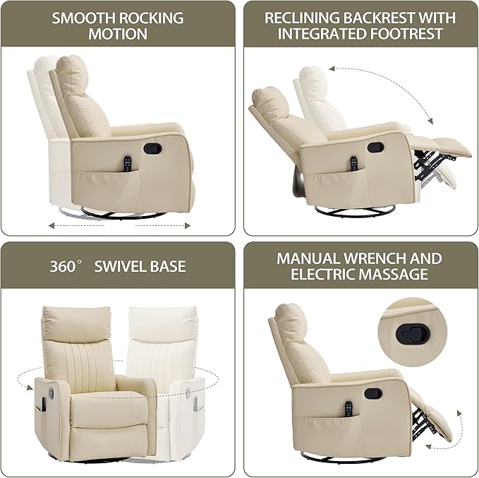 PELUMY 360 Swivel Rocking Recliner Chair for Adults Nursery Rocking Chair with Heat and Massage Glider Reclining Chair for Small Space Living Room Bedroom (Breathable Leather Creamy Beige)