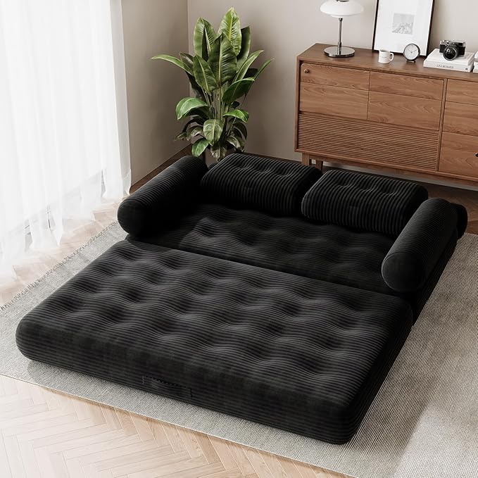 59 Convertible Sofa Bed 5-in-1 Folding Loveseat Sleeper Chair with Pillows Removable Armrests Fold Out Boneless Couch Futon Floor Mattress Lounge for Apartment Dorm Living Room - Black Full