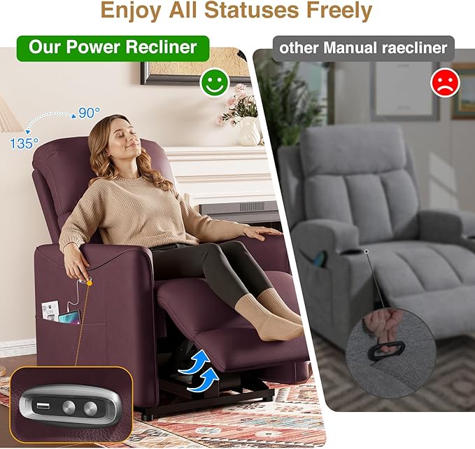 Power Recliner Chair Reclining Chair PU Leather Small Recliners for Small Spaces Infinite Position Electric Recliner Chairs for Adults Electric Recliners with USB Port Purple