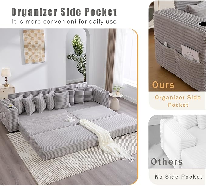 Oversized L-Shaped Modular Sectional Sofa Couch with 8 Pillows Convertible Corduroy Sleeper Sofa Bed with Cupholders &amp Storage Pockets Cloud Couch with Movable Ottoman for Living Room Light Gre