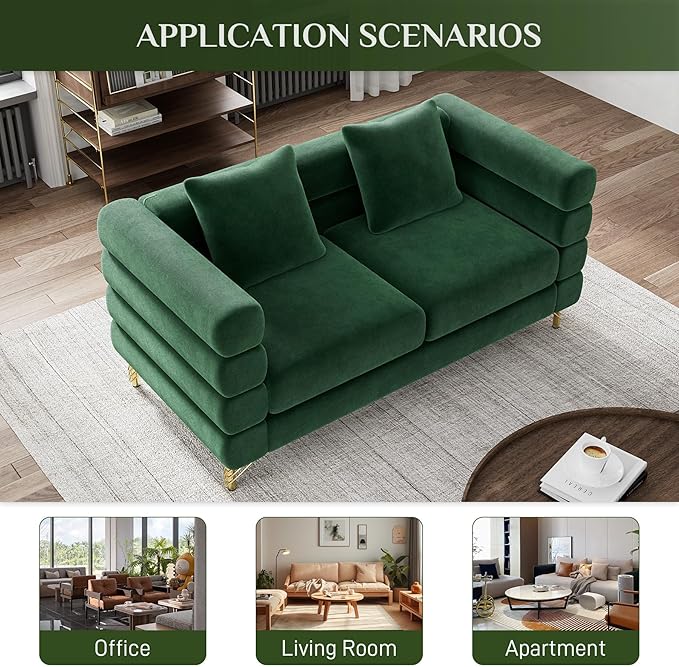 Cloud Couch for Living Room 59 Modern Overstuffed Deep Seat Velvet Loveseat Sofa with 2 Pillows Comfy Upholstered 2 Seater Love Seat for Bedroom Office Emerald Green Velvet