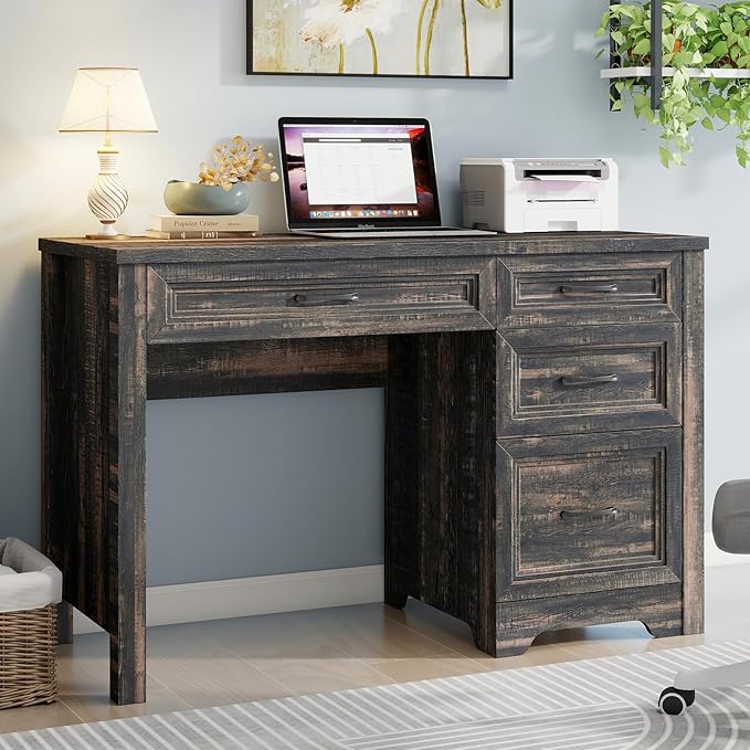 Farmhouse Executive Desk with Drawers Wood Computer Desk with Ample File Drawer Rustic Home Office Desk with Storage for Bedroom Living Room Dark Oak