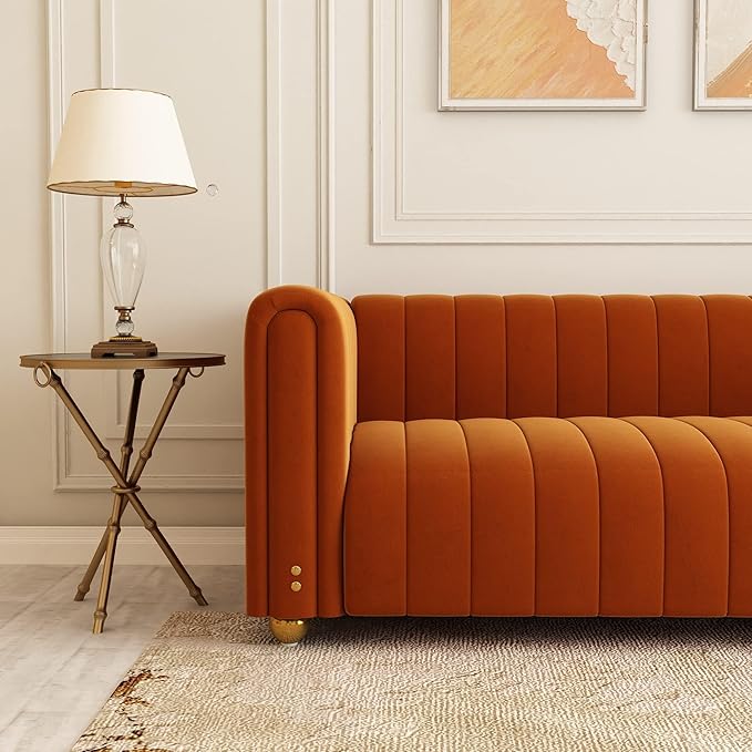 81 Orange Velvet Sofa Mid Century Modern Couch for 3 Person Chesterfield Tufted Velvet Couches for Living Room Apartment Bedroom Office