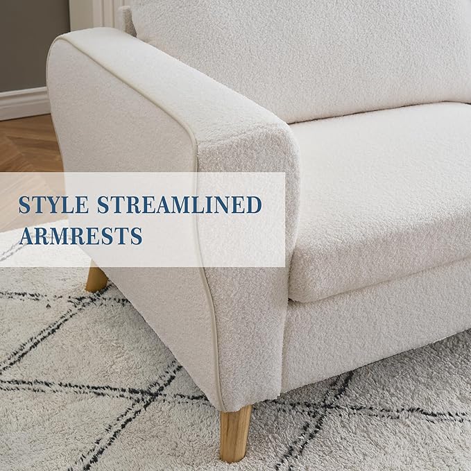 GarveeHome 84 in Sofa Couch Large Loveseat Sofa with Wide Armrests Deep Seats &amp Wood Feet 3 Seater Modern Boucle Sofa Comfy Couches for Living Room Bathroom Small Spaces White
