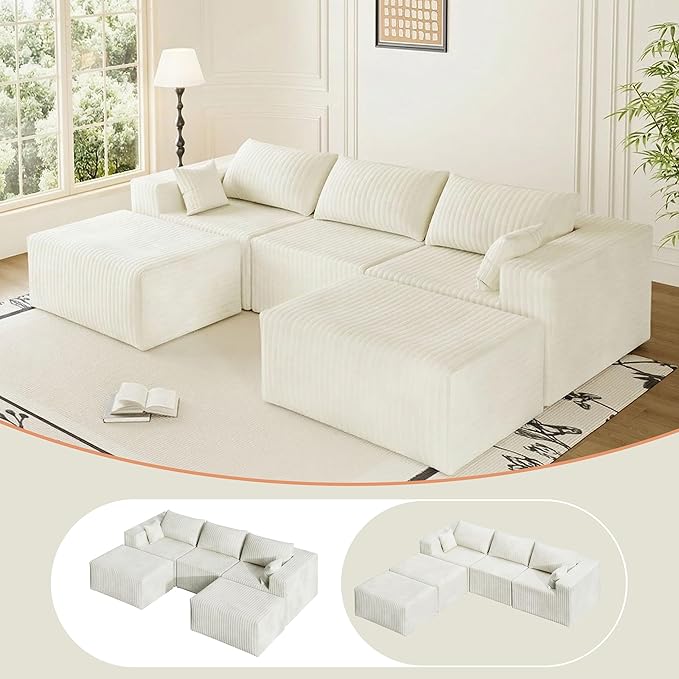 110 Boneless Couches for Living Room Cloud Couch Modular Sectional Sofa with Deep Seat Plush Large Foam SofaU-Shape Sofa CouchNo Assembly Required White (Plush Corduroy Fabric)