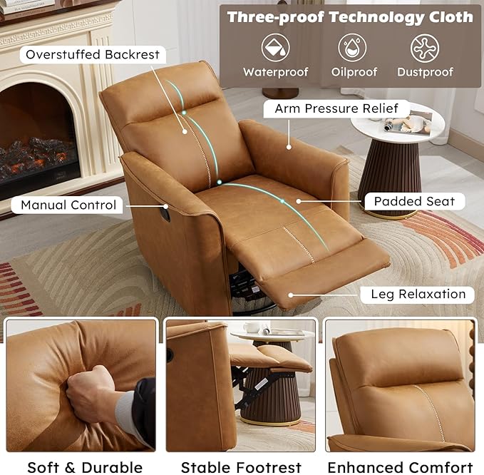 ANJ Manual Swivel Rocker Recliner Glider Recliners with Padded Armrest and Backrest Soft Faux Leather Nursery Rocking Recliner Chair Reclining Sofa for Living Room