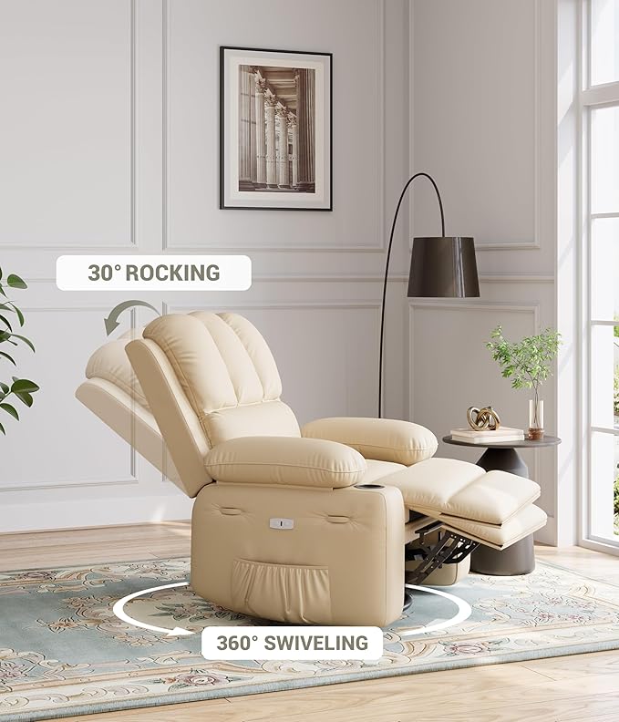 Garvee 27 Power Recliner Chair for Adults with Massage and Heat 360° Swivel Oversized Leather Recliner Chair Large Seat Width with USB Ports &amp Side Pockets for Living Room Bedroom Relaxation Bei