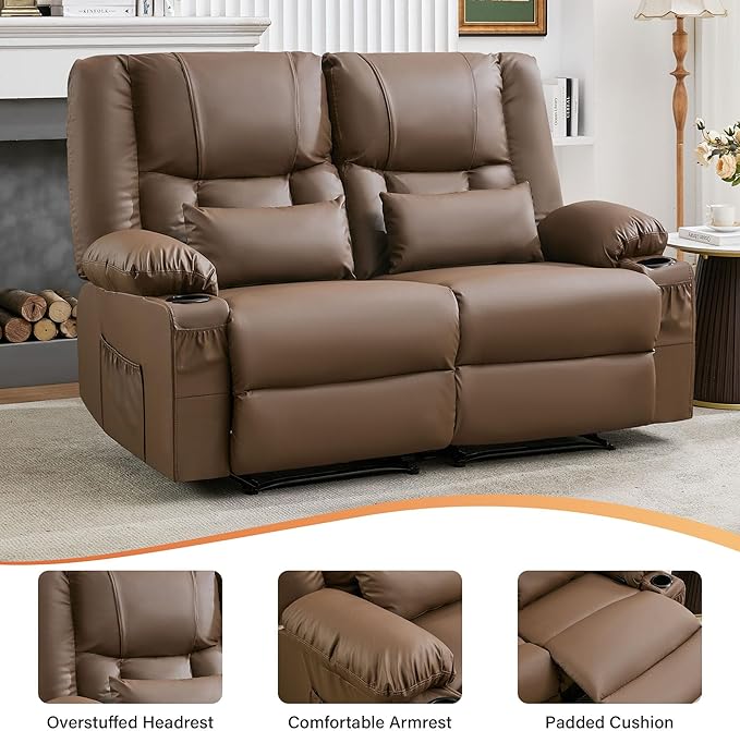 Brown Leather Reclining Loveseat with Massage/Heat/Pillow/USB/Cup Holders Oversized Loveseat Recliner for Living Room Manual Reclining Sofa for Adults 700 Lbs Capacity (Brown)