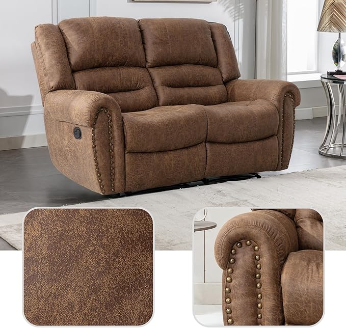 EBELLO Faux Leather Manual Loveseat Recliner 2 Seat Reclining Sofa Chair with Soft Padded Seat Backrest Couch Sofa Set for Living Room Bedroom Furniture Meeting Room Brown (Loveseat)