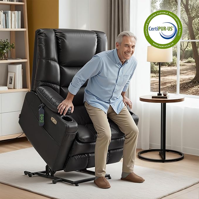 MCombo Oversized Triple Motor Power Lift Recliner Chair with Massage and Dual Heating Adjustable Headrest for Big and Tall Elderly People Faux Leather R7635 (Black Large-Oversize)