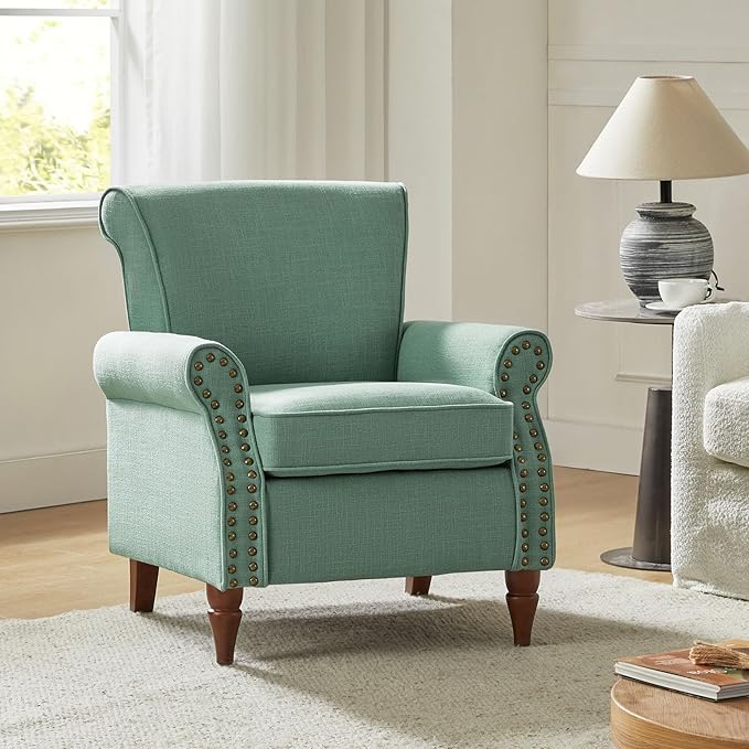 HULALA HOME Accent Chair with Wood Legs &amp Removable Cushion Modern Wingback Armchair with Nailhead Trim Comfy Upholstered Lounge Chair Single Sofa Chairs for Living Room Bedroom Sage