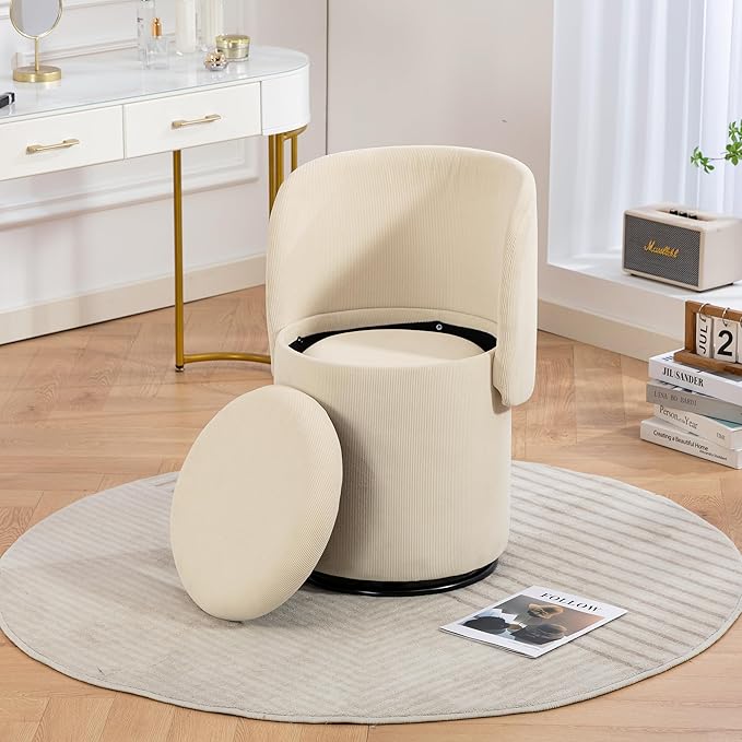 Round Vanity Chair with Storage &amp Cat Bed Stool Upholstered Small Swivel Accent Chair with Hidden Storage Makeup Barrel Chair for Bedroom Living Room (Stripes)