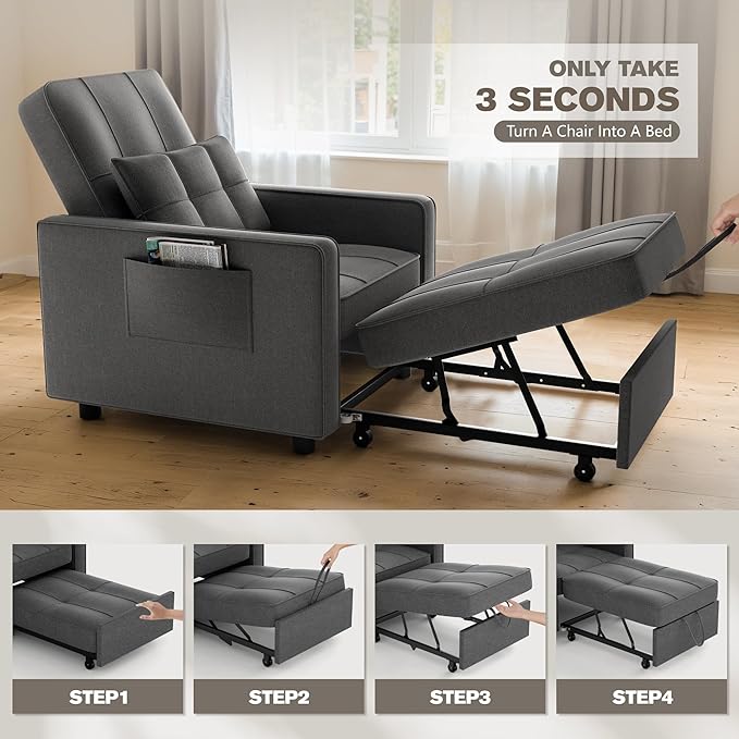 JUMMICO Sleeper Chair 3-in-1 Convertible Sleeper Sofa Bed for Adults Linen Fabric Pull Out Chair Bed with Adjustable Backrest Couches for Living Room Apartment Office Small Space (Dark Gray)
