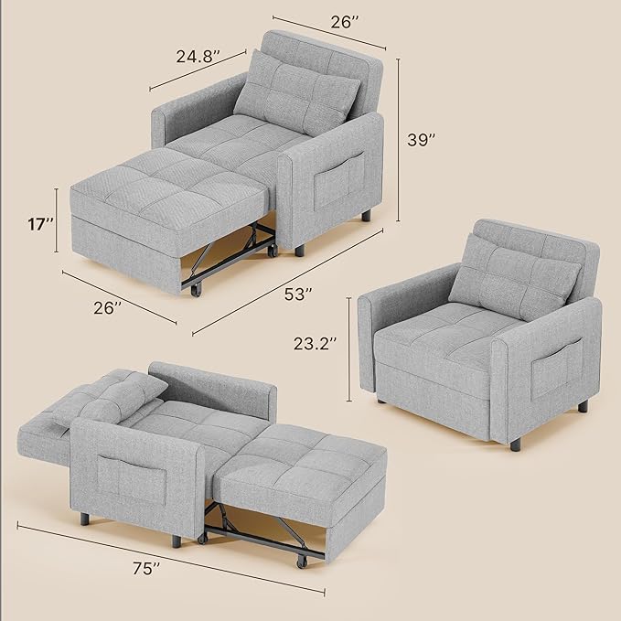 Gizoon Sofa Bed Chair 3 in 1 Convertible Pullout Single Sleeper Chair Bed with Adjustable Backrest Spacious Multifunctional Sofa Couches for Living Room Bedroom Apartment