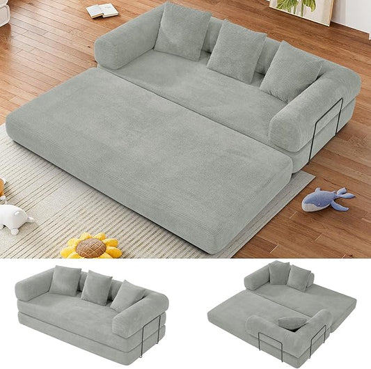 Convertible Sofa Bed Corduroy Memory Foam Compression Sofa Modular Floor Sofa with Pull-Out Bed Compressed Couch in Box Folding Sleeper Couches Bed for Living Room Bedroom Lounge Light Grey