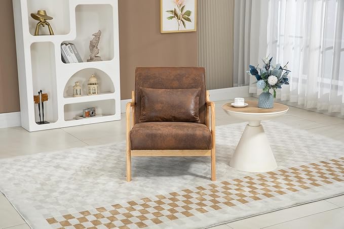 KEIKI Mid Century Modern Accent Chair Upholstered Reading Chair with Extra Lumbar Pillow Natural Jute Fabric Easy Assembly