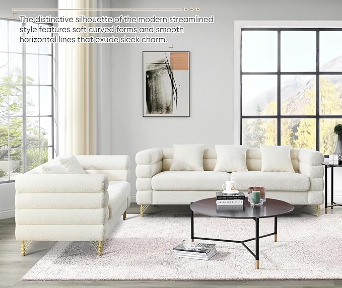 KINFFICT 2 Piece Living Room Sofa Set Comfy Boucle Couch with Loveseat and 3 Seater Upholstered Sofa Couch with 2 Pillows and Deep Seat Design for Office Waiting Room White Teddy