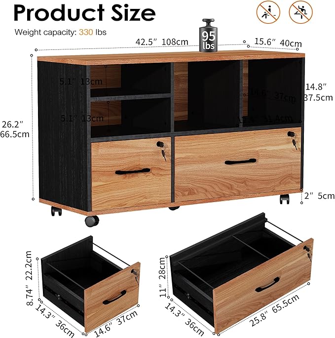 2 Drawer Wood Mobile Large Lateral File Cabinet Lockable Rolling Filing Cabinet with Storage Shelves Printer Stand Office Storage Cabinet for Home Office Fits Files Legal/A4 Rustic Brwon