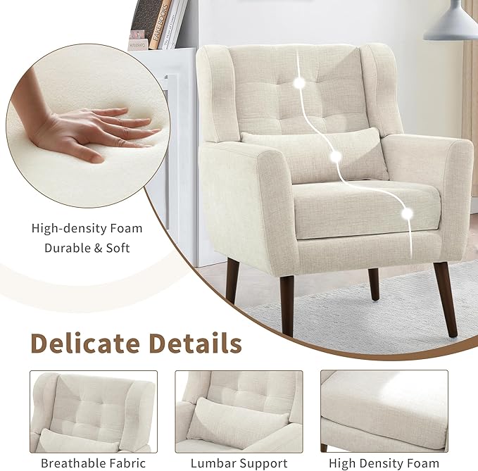 Modern Accent Chair Upholstered Arm Chair with Waist Pillow Single Sofa Chair for Living Room Bedroom Small Spaces (Beige)