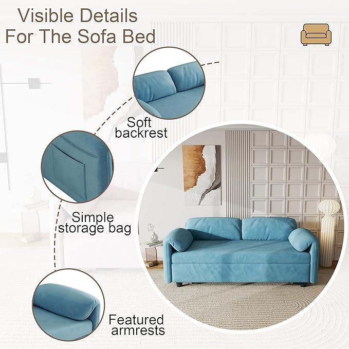 KEIKI 3 in 1 Convertible Pull Out Sofa Bed with Adjustable Backrest &amp Side Pockets Velvet Recliner Couch Sleeper Sofa Chair for Living Room Small Spaces Full Blue