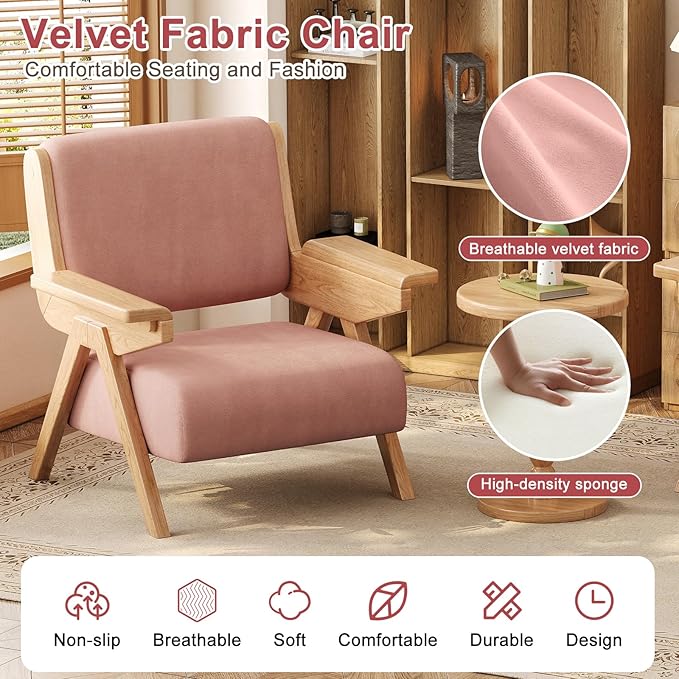 Accent Chair Mid Century Modern Chair Velvet Upholstered Lounge Arm Chair with Solid Wood Cozy Seating for Living Room Bedroom Balcony (Pink Single Chair)