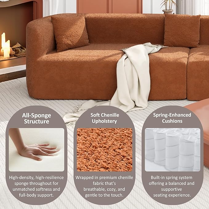 132 Modern Sectional Sofa with Curved Design 2-Piece Chenille Fabric Modular Couch with 4 Pillows Plush Sponge &amp Spring Cushion Large Sponge Modular Sofa for Living Room (Orange-07)