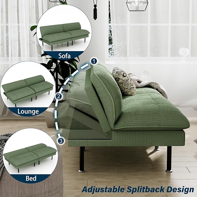 70 Futon Sofa Bed 4 in 1 Multi-Function Couch Sleeper with Adjustable Backrest Modern Convertible Futon Recliner Small Loveseat for Living Room Dorm Green