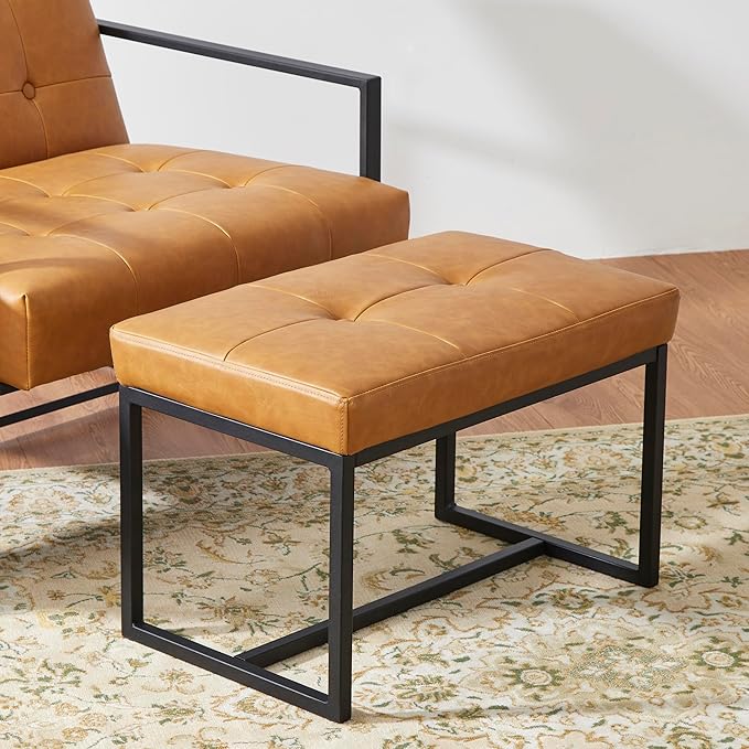 Glitzhome Accent Chairs with Ottoman Mid Century Modern Lounge Armchair with footrest with PU Leather &amp Metal Frame for Living Room Bedroom Apartment Office Light Brown