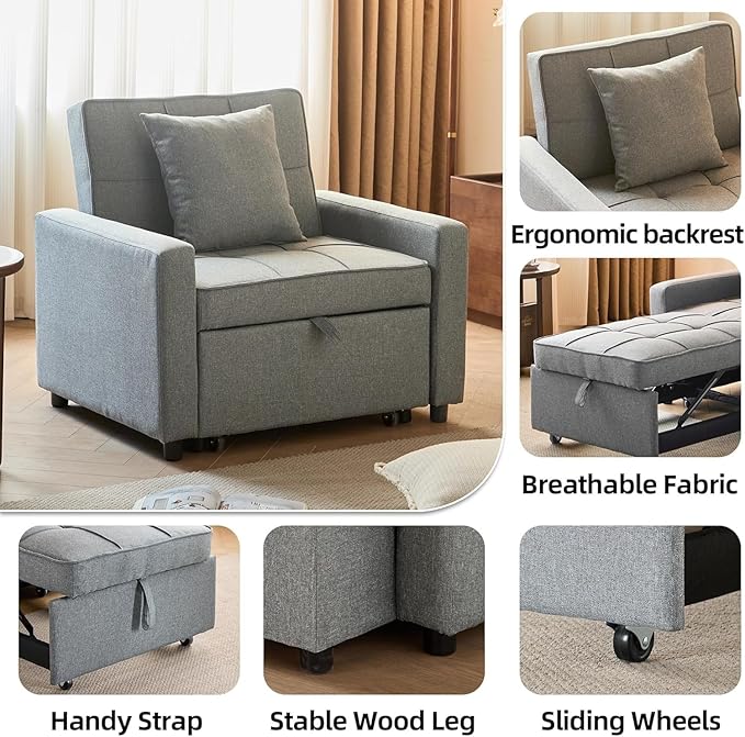 3-in-1 Convertible Sleeper Chair Pullout Chair with Extra Pillow Recliner Sofa Bed with 4 Adjustable Angles Convertible Lazy Sofa Bed for Small Spaces Home Office Light Gray