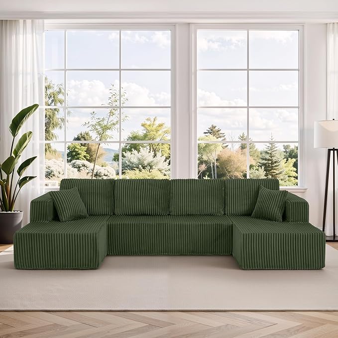 Comfortable Compression U-Shaped Modular Combination Sofa Compression Combination Modern Minimalist Corduroy Sofa Suitable for Living Room and Bedroom (Green)