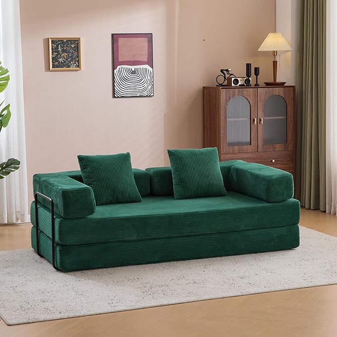 77 Convertible Sleeper Sofa Bed with Fixed-Shape Frame Modern Corduroy Folding Boneless Couch with 2 Pillows Comfy Floor Sofa Couch for Living Room No Assembly Required Emerald Green