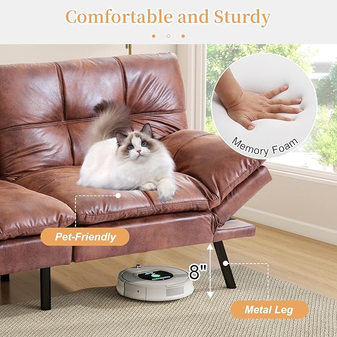 Opoiar Modern Sleeper SofaConvertible Couch BedMemory Foam Adjustable Armrest&ampBackrestFaux Leather Futon Sets for Compact Living SpacesOffice Sofabed Brown-002 SF-PU-002