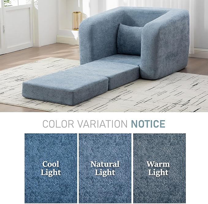 Light Blue Folding Sofa Bed Single - 40 Convertible Chenille Cloud Sleeper Lounge Chair with Floor Mattress &amp Pillow No Assembly Boneless Fold Out Couch for Bedroom Livingroom (Light Blue 40 W