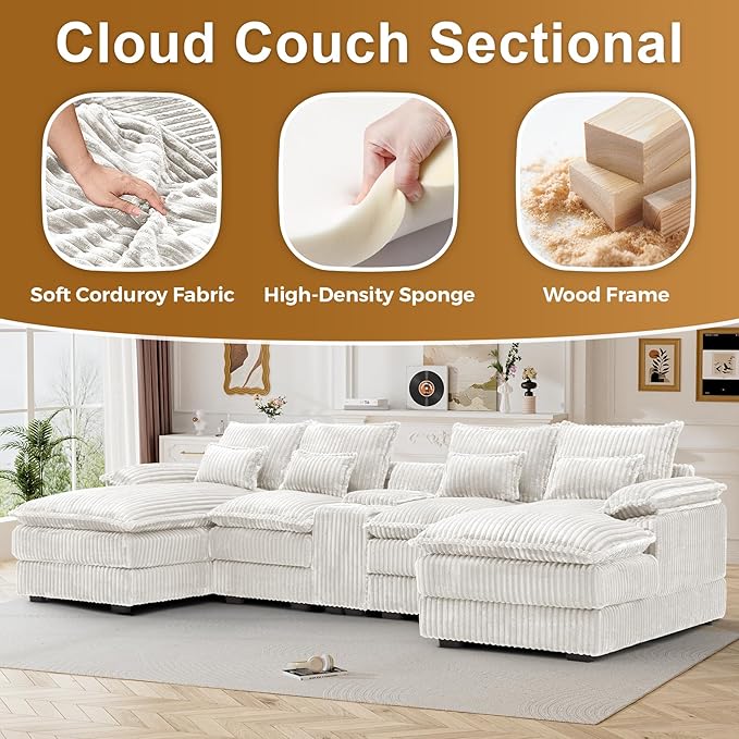 124 Cloud Couch Sectional U Shaped White Sectional Couches for Living Room Plush Soft Comfy Fluffy Corduroy Couch Sectionals Modular Sectional Sofa with Chaise &amp Central Console