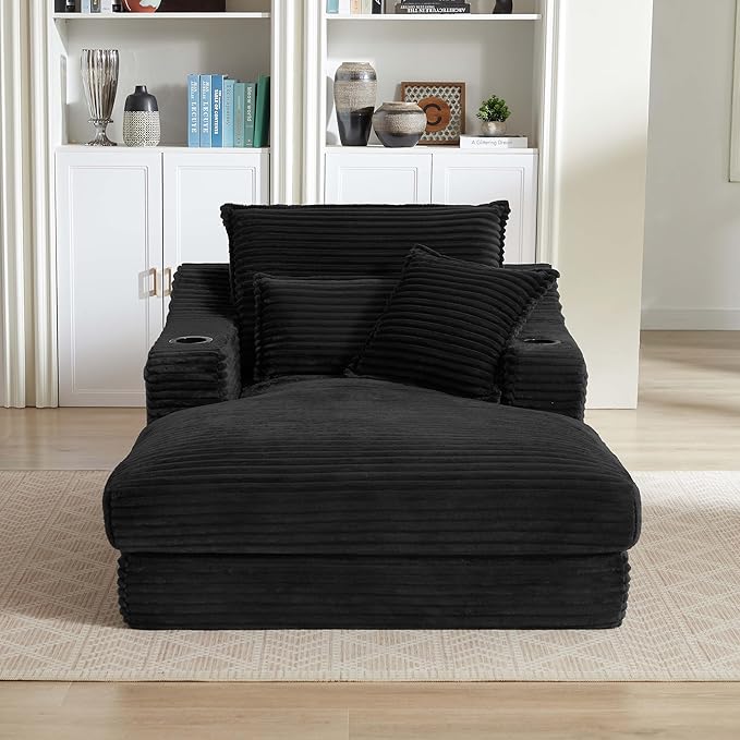 67.7 Oversized Chaise Lounge Chair Indoor Modern Corduroy Single Sleeper Couch Chair with 3 Soft Pillows＆Cup Holder Boneless Cloud Couch Single Seat Sofa for Living Room Bedroom (Black)