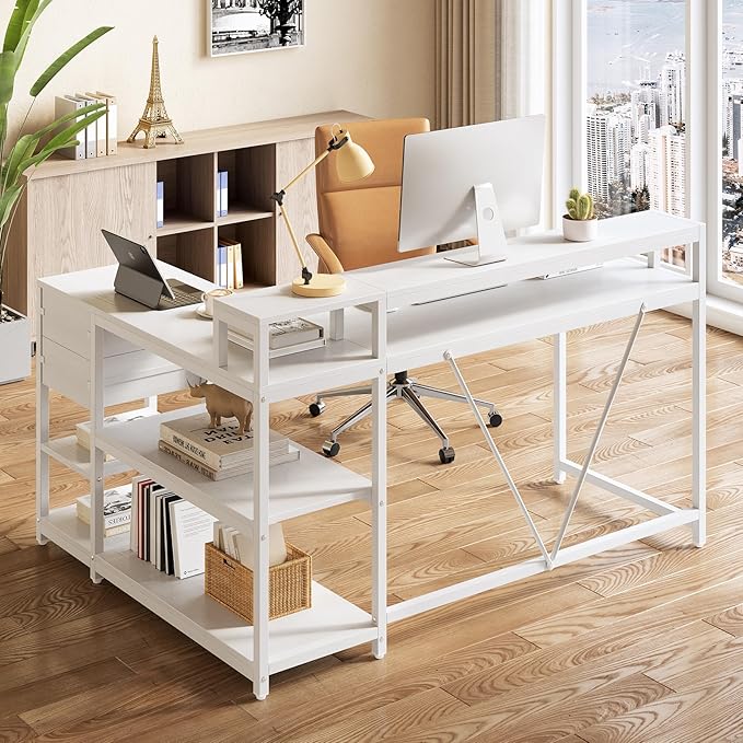 LITTLE TREE 55-Inch L-Shaped Computer Desk Reversible Computer Desk with Drawers and Storage Shelves Corner Desk Gaming Desk Work Desk for Home Office White