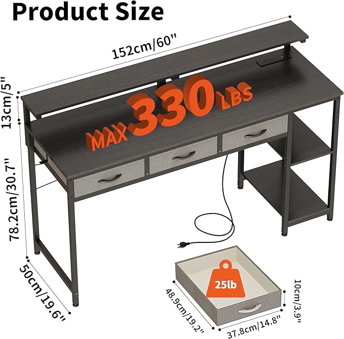 JOISCOPE Home Office Desk with Power Outlets (3AC USB Type-C) 60 × 20 Inch Computer Desk with 3 Drawers &amp Shelves Laptop Table with Display Riser Gaming Study Drafting Table for Bedroom Blac