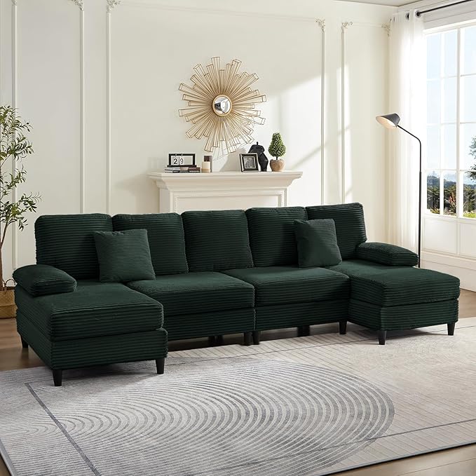 PUREMIND Sectional Couches for Living Room U Shaped Sectional Sofa with Double Chaise Lounge and Sleepable Armrests Corduroy 4 Seater Sectional Sofa Living Room Furniture