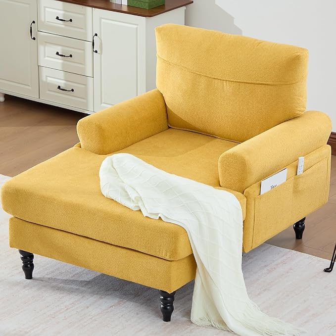 KEIKI Chaise Lounge Chair Indoor Oversized Accent Chenille Armchair with Storage Leisure Sleeper Single Sofa Side Chair Corner Recliner Arm Chairs for Living Room Reading Easy Assembly Yellow