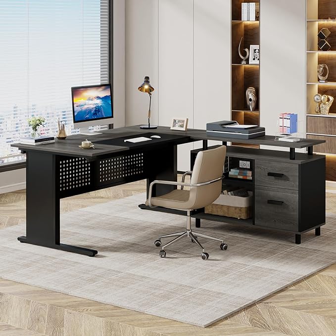 LITTLE TREE Large Computer Desk with File Cabinet 63 Inch Executive Desk L Shaped Office Desk with Drawers and Storage Shelves Business Furniture Desk Workstation for Home Office