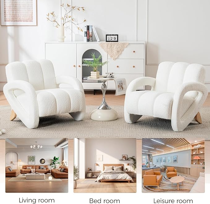 Mid Century Modern Accent Chair Set of 2 with Solid Wood Frame Upholstered Living Room Chairs with Thick Cushion Boucle Tufted Armchair for Bedroom Reading Room Ivory