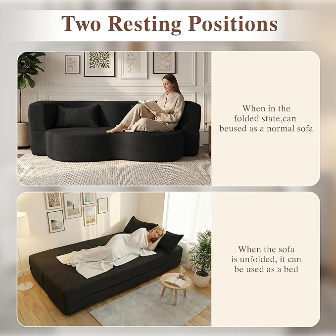 Convertible Sofa Bed 78'' Queen Size Folding Sleeper Sofa with Pillow 2-in-1 Teddy Fabric Boneless Loveseat Floor Couch &amp Mattress for Living Room Guest Room No Assembly Required (Black)