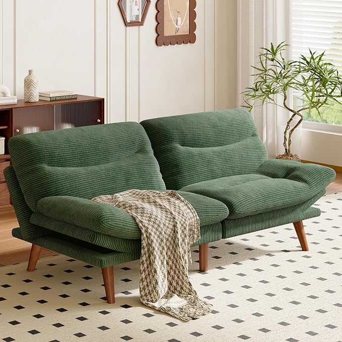 Amada 75 Convertible Futon Sofa Bed Corduroy Folding Futon Set with Adjustable Backrest &ampArmrests Recliner Lounge for Living Room Apartment or Office Solid Wood Frame Loveseat Sofa -Forest G