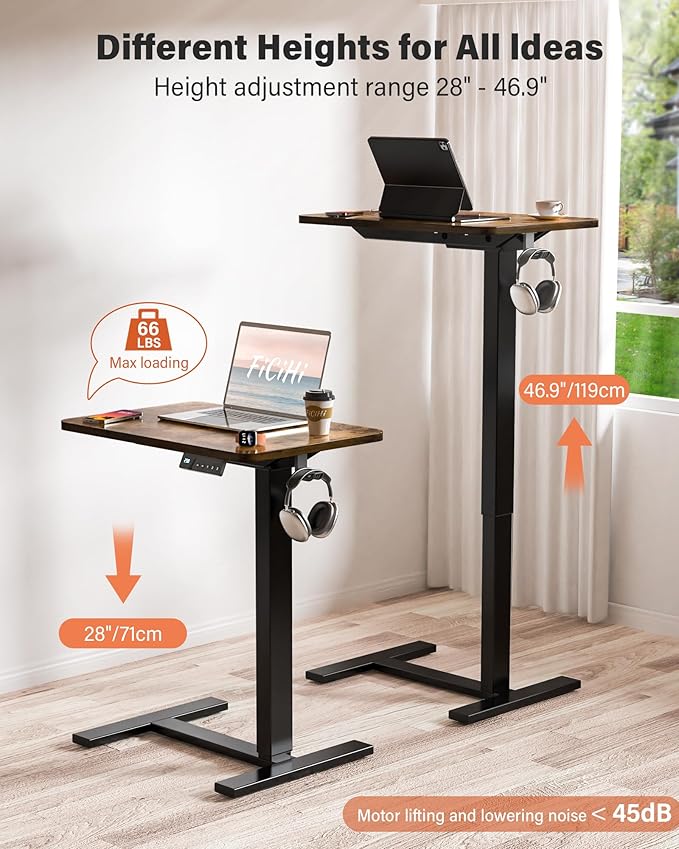 FiCiHi Electric Standing Desk with Wheels – Adjustable Height Mobile Sit-Stand Laptop Table Portable Rolling Small Computer Workstation for Home Office &amp Bedside Use (28x16 Rustic Brown)