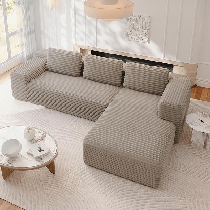 105 Cloud Sectional Couch with L-Shape Chaise Modular Deep Seat Sofa No Assembly Required Upholstered Couches for Living Room Bedroom (Gray Plush Corduroy Right Facing Chaise)